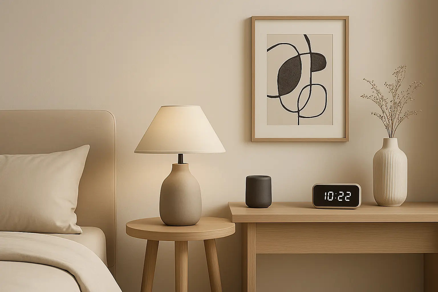 A bedroom with decorative lamp and painting.