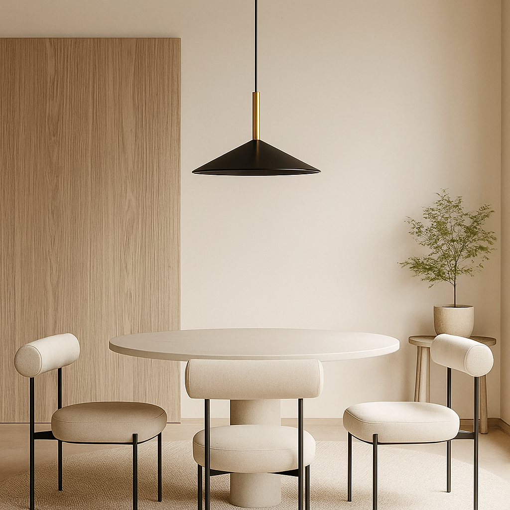 Hanging lamp over dining table.